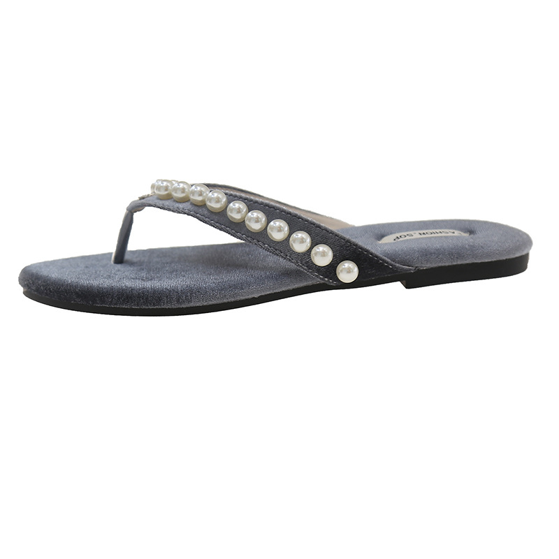 Ladies 2025 summer new leisure looking flat pearl flip-flops outdoor fashion everything sandals sandals on the beach sandals sandals