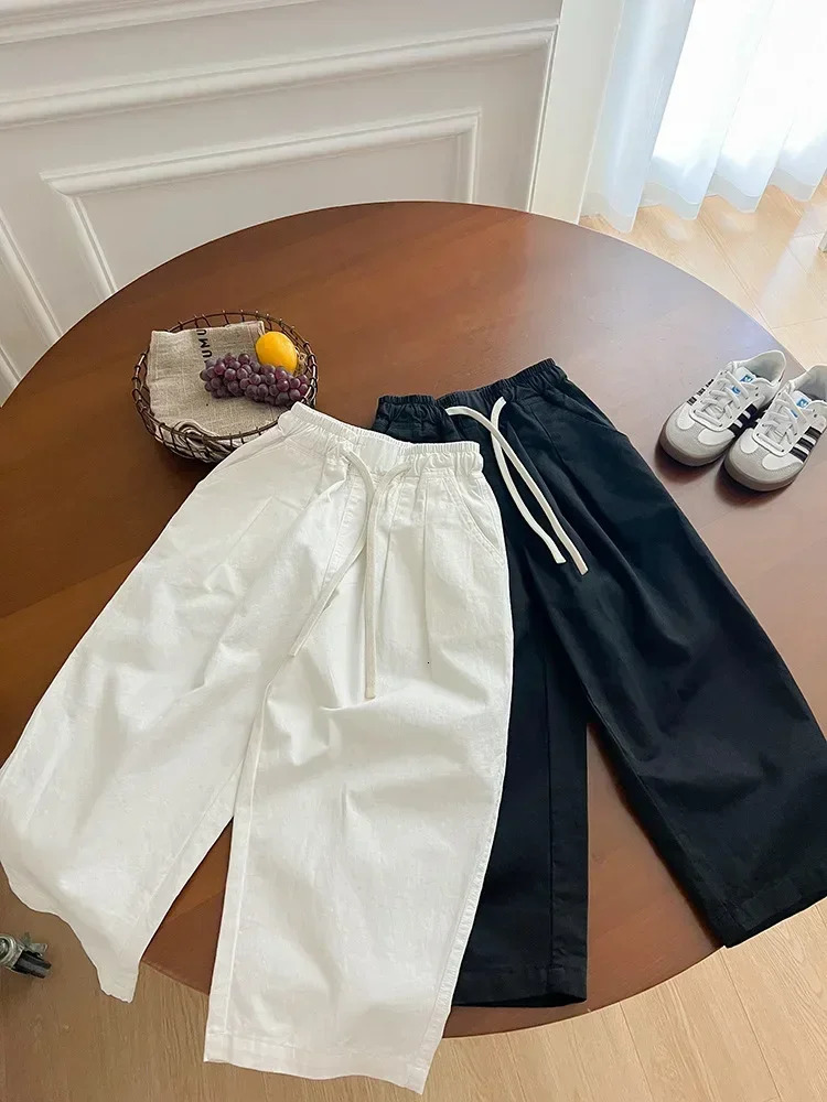 Spring and Autumn Boys and Girls Cotton Knitted Straight Trouser Childrens Soft 3-Color Drawstring Casual Pants 250408