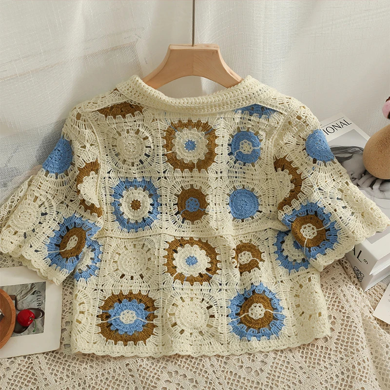 OUMEA Women Knitted Patchwork Crochet Polo Shirts Summer Vintage Buttons Front Knitted Crop Tops Bohemian Style Retro Tops 250408
