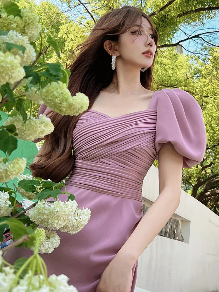 Dabuwawa Tienda Vestitos Elegant Para Mujeres Sweetheart Collar Dress Lantem Sleeves Satin Asymmetric Skiing City Y2K DM1BDR017 250403