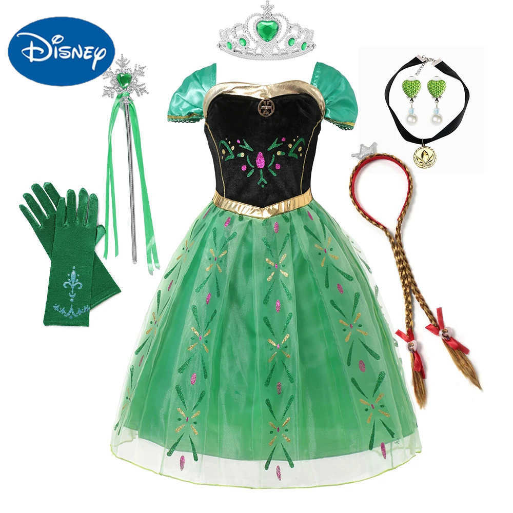 Disney Kids Cosplay Clothing Off Shoulder Anna Princess Costume Full Printing Green Dress Fancy Carnival Birthday Party Gown Role Play X250408