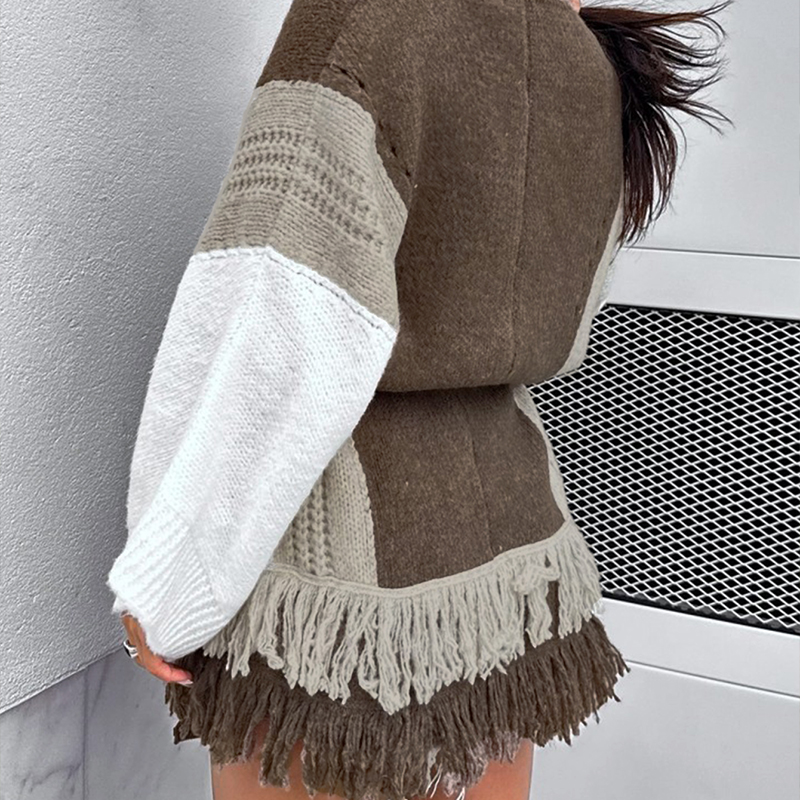 Women's color-block sweater, button-up long-sleeved top with tie-up design, featuring stylish frill elements, highly fashionable and versatile---