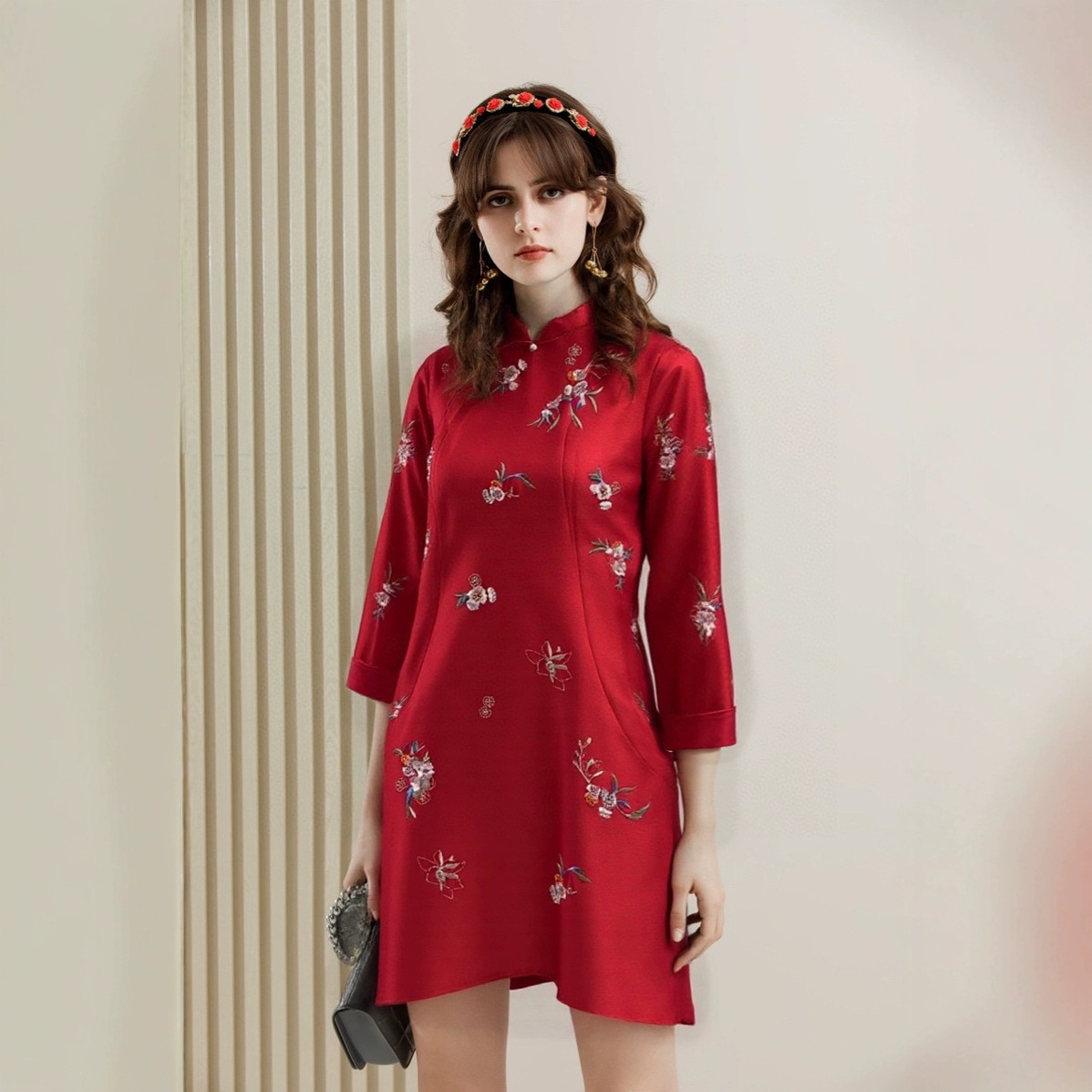KO25180 New Style Southern Silk Wool Embroidery New Chinese Style Stand Collar Color Block Cuffs Fitted Waist Tang Suit Dress