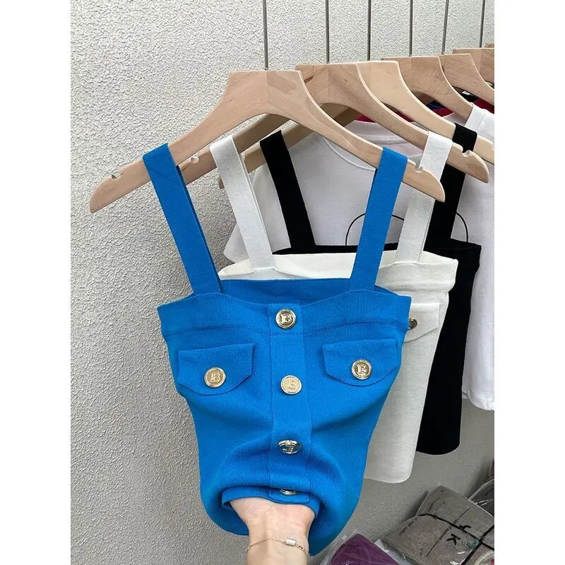 Trend Sexy Knitting Sling Tank Top Female Summer Interior Lapping Fashion Buttons Solid Color Sleeveless Camisole Womens Tops 250407