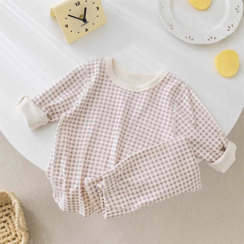 2025 Kids Pajamas Suit Boys Home Wear 1-5 Y Girls Plaid Underwear 2Pcs TopPants Childrens Long Sleeve T-shirt Suit 250407