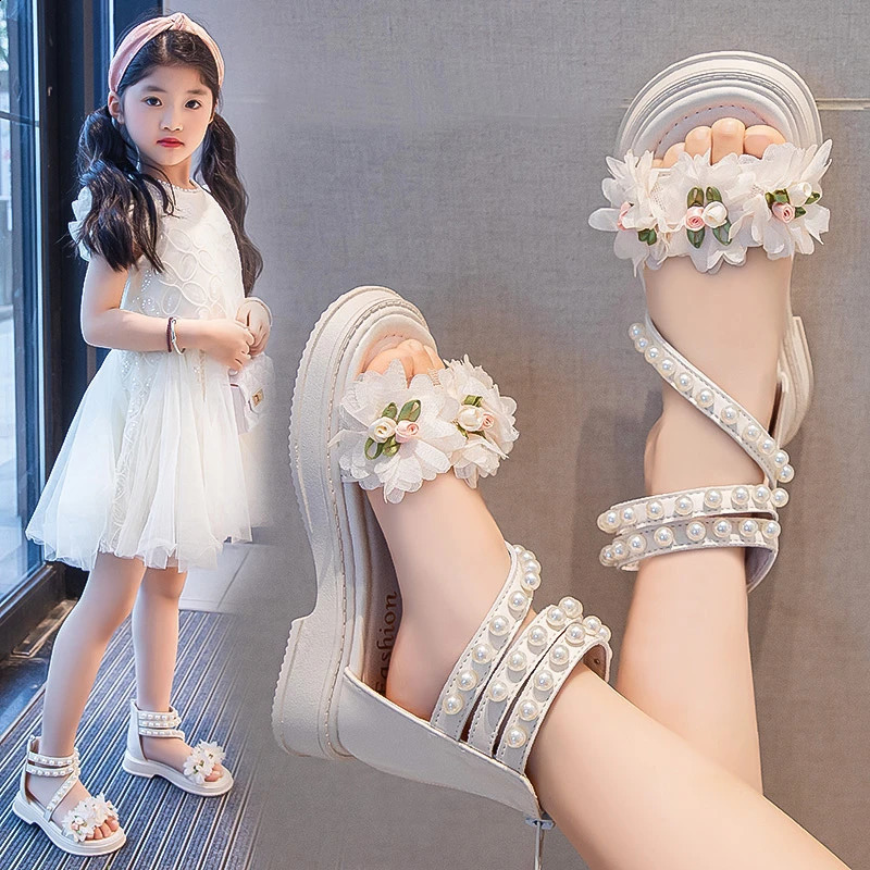 2025 Cute Toddler Girl Sandals Big Kids Girl Summer Sandals Fashionable Pearl Simulated Flower Decorated Sandals Slipper 250408