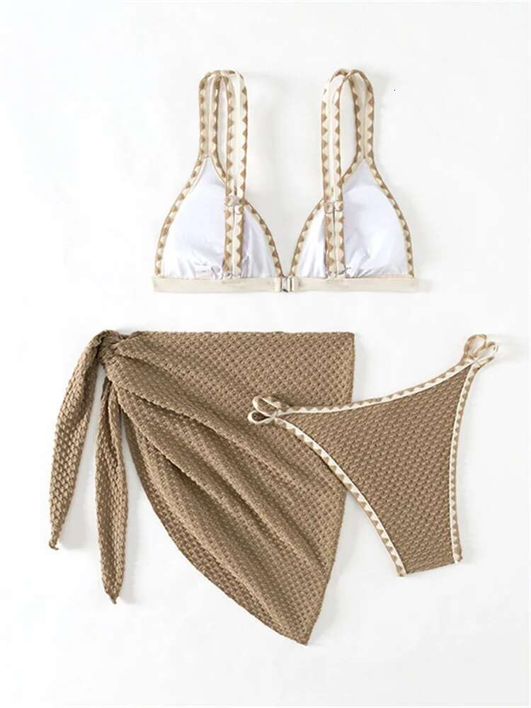 Dongdumaoyi Sexy Double Strap Bikini Women Khaki Patchwork Push Up Bra Skirt Piece Swimsuit Beach Bathing Suit Thong Swimwear Biquini