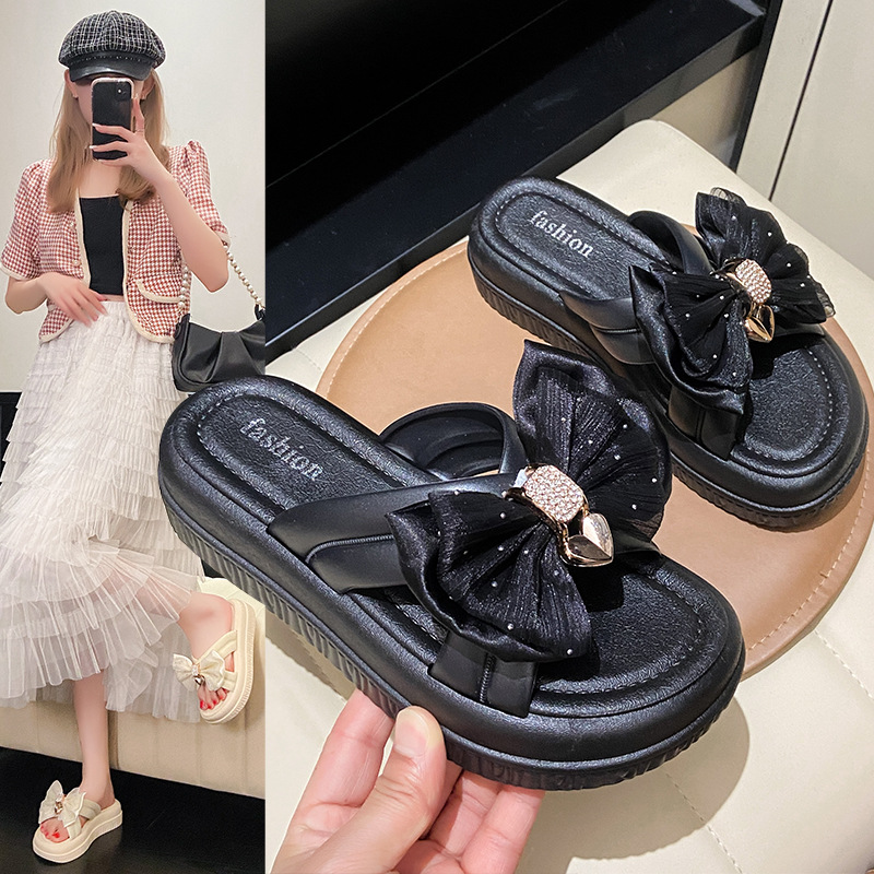Ladies 2025 summer muffin bottom high appearance level all match slippers outside to wear a thick bottom bow one line female slippers