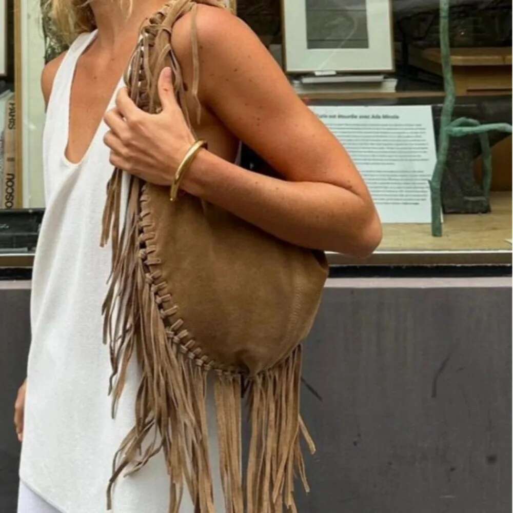 New Long Tassel Women's Shoulder Bags Faux Suede Tote Bag Designer Handbags Half Moon Hobos Frosted Shopper Purses Female