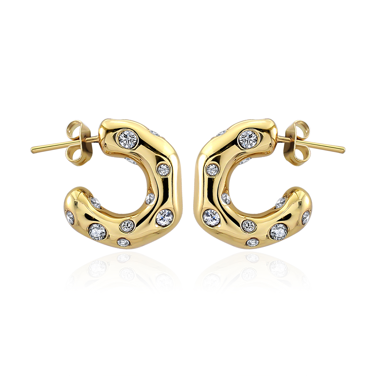 Classic 18K Wedding Stainless Steel Rhinestone Crystal Irregular Geometric C Shape Stud Earrings Zircon Earring for Women