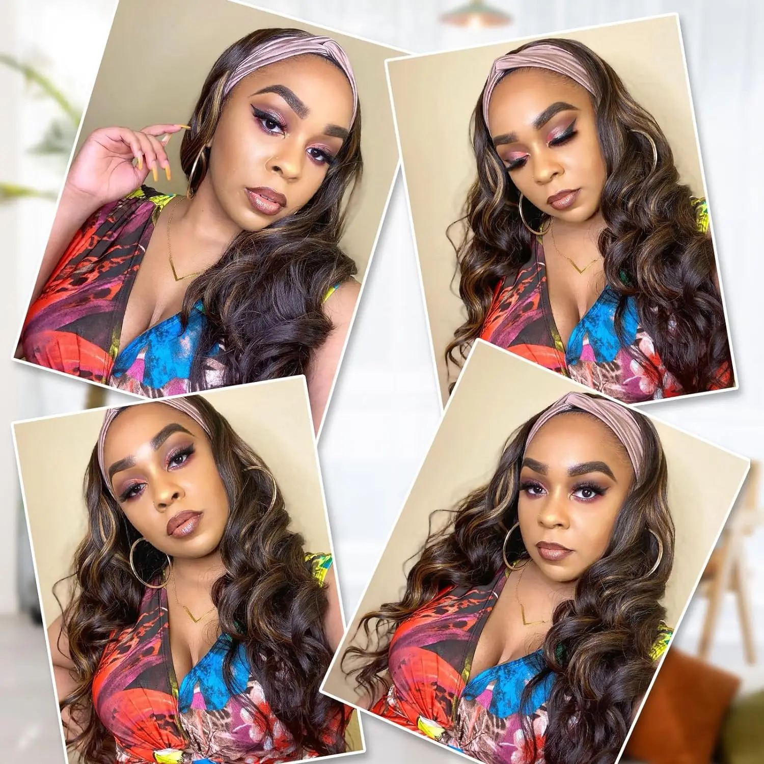 Brown high head wig with wig suitable for black women with 26 inch body wave wig headband attached with natural appearance synthetic hair wig 250407
