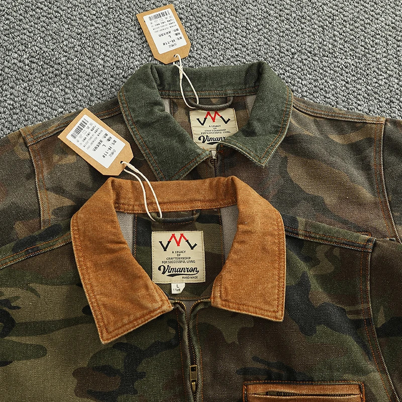 Mens Spring Casual Camouflage Jacket Retro Detroit Color Comparison Splicing Work Collar Heavy Cargo Jacket 250403