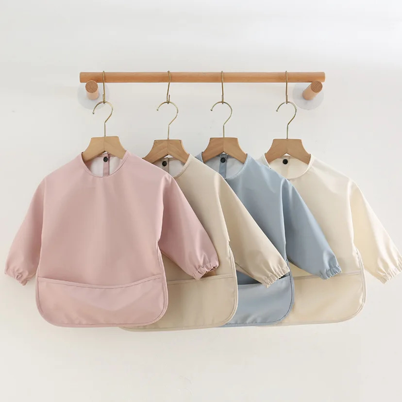 Solid Color Baby Feeding Bibs With Long Sleeves Infant Boys Girls Bib Aprons Easy Clean Children Waterproof Art Smocks 250408