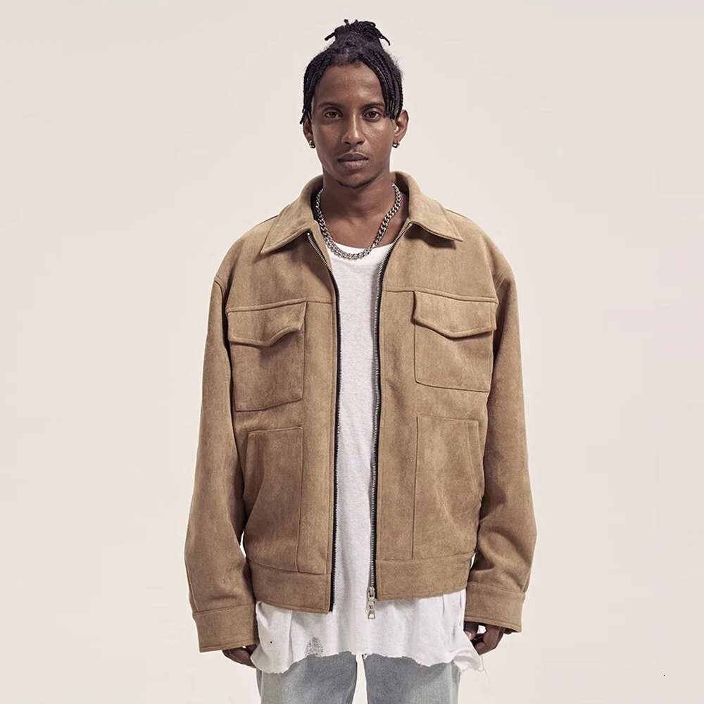 Multi-Pocket Suede Jacket Mens Autumn Winter Retro Solid Color Lapel Loose Casual Long Sleeve Zipper Outerwear Men