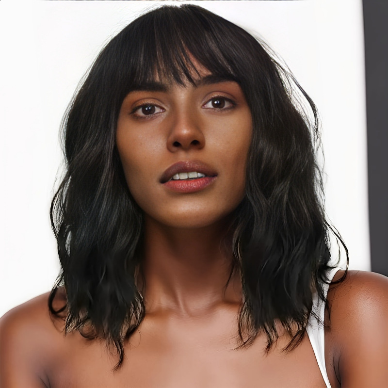 Short Brown Highlight Wigs With Bangs Natural Wavy Hair Wigs For White Women Heat Resistant Synthetic Bob Wig Shoulder Length 240805