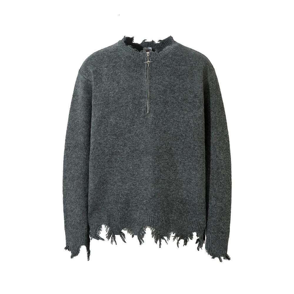 Raw Edge Knitted Sweater Mens Half Zipper Autumn Winter Loose High Street Long Sleeve Pullover Men