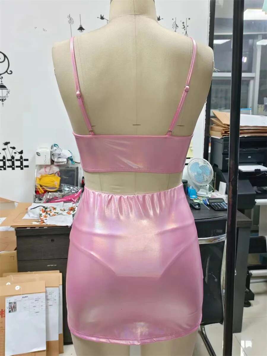 Dongdumaoyi Piece High Waist Bikini Set Women Pink PU Leather Push Up Top With Pleate Skirt Swimsuit Summer Bathing Suit Swimwear