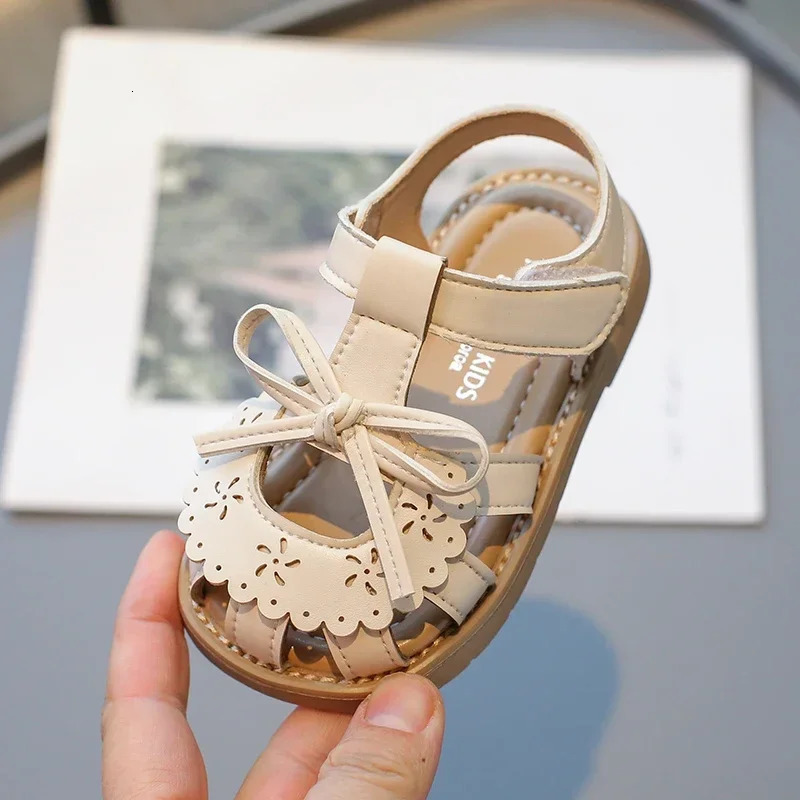 Girls Baby Sandals Summer Bow Beige Soft Girls Walking Shoes 2-12 Years Old Pink Fashion Non-slip Children Sandals Baby Shoes 250407