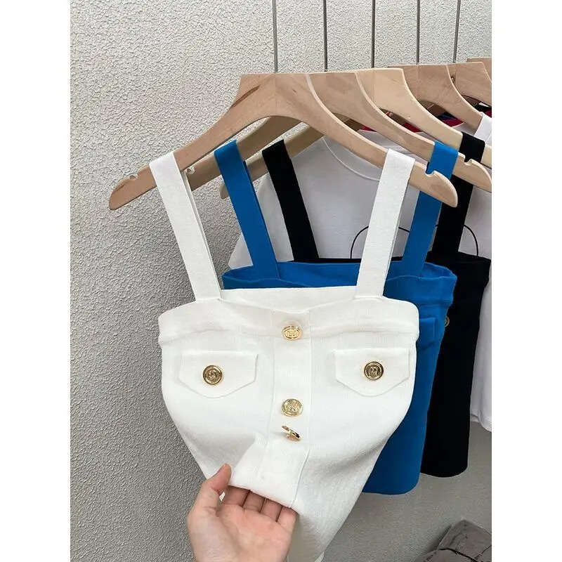 Trend Sexy Knitting Sling Tank Top Female Summer Interior Lapping Fashion Buttons Solid Color Sleeveless Camisole Womens Tops 250407