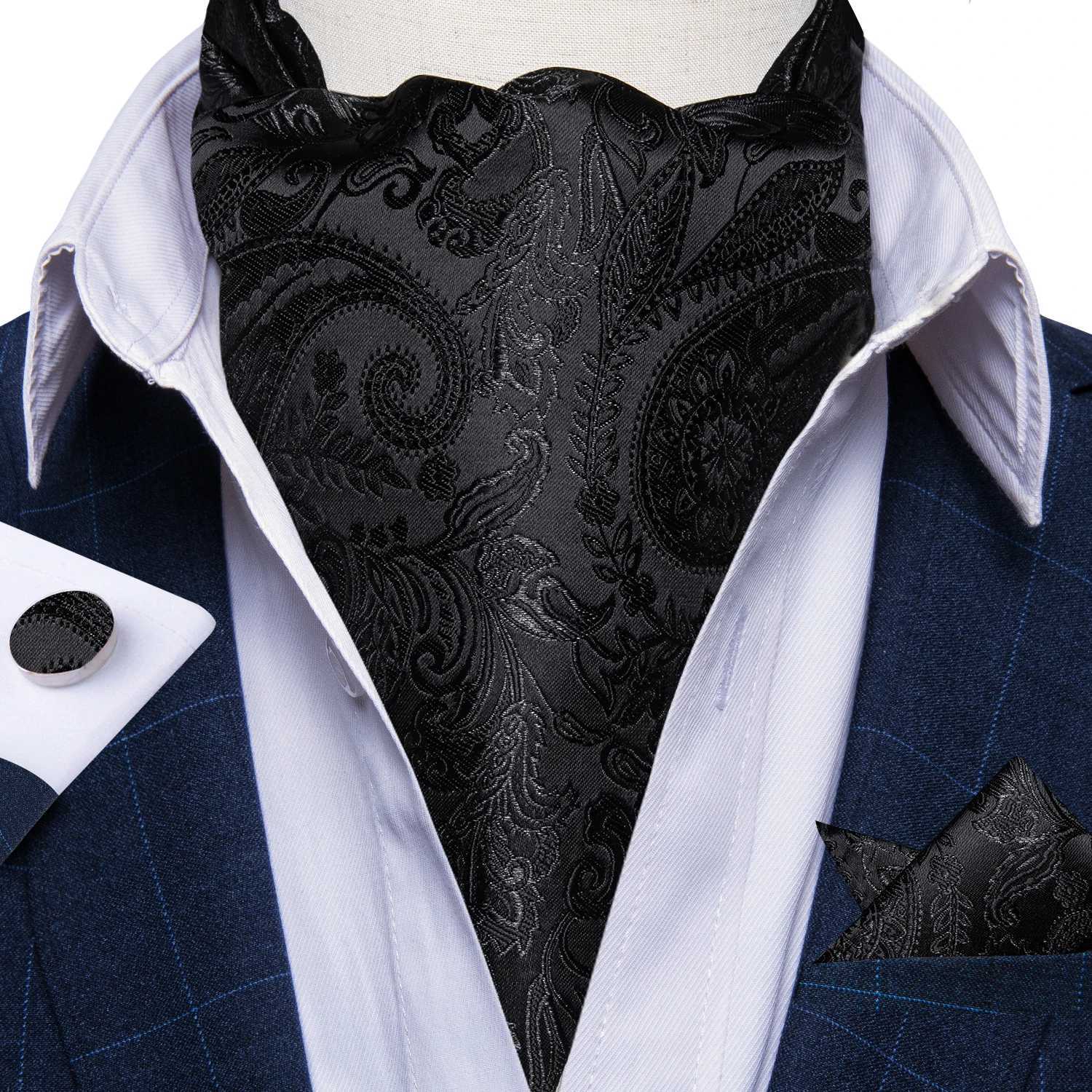 Ascot Ties for Men Luxury Paisley Floral Blue Black Cravat Necktie and Handkerchief Cufflinks Wedding Business Suits Accessories X250407