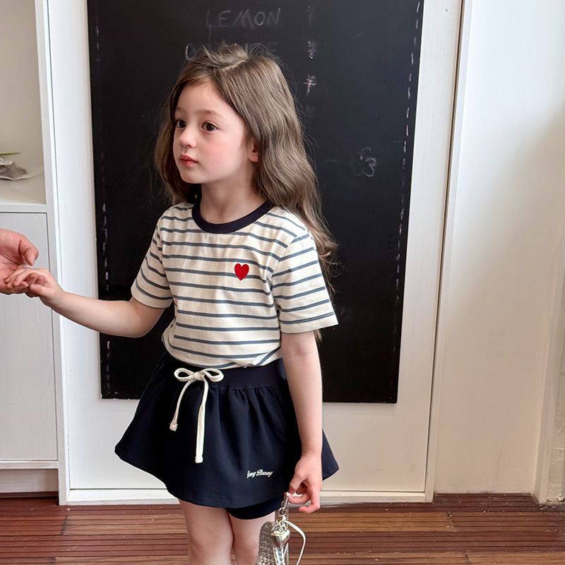 Ddmyshoesvip Children S Striped Short Summer Girls Korean Half Sleeve Stylish Contrast Embroidered Love T Shirt