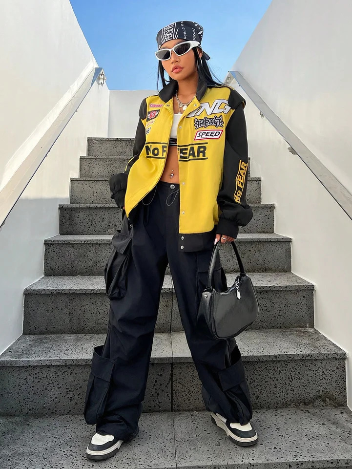 Black and yellow shoulder patchwork womens heavyduty industrial jacket 250407