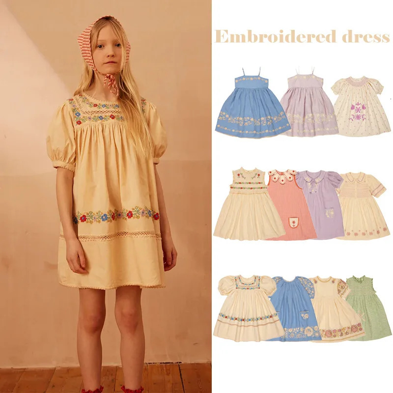 Korean Childrens Clothes Girls Dress 2025 Spring Summer Baby Girl Floral Printed Embroidered Short Sleeve Princess Dresses 250408