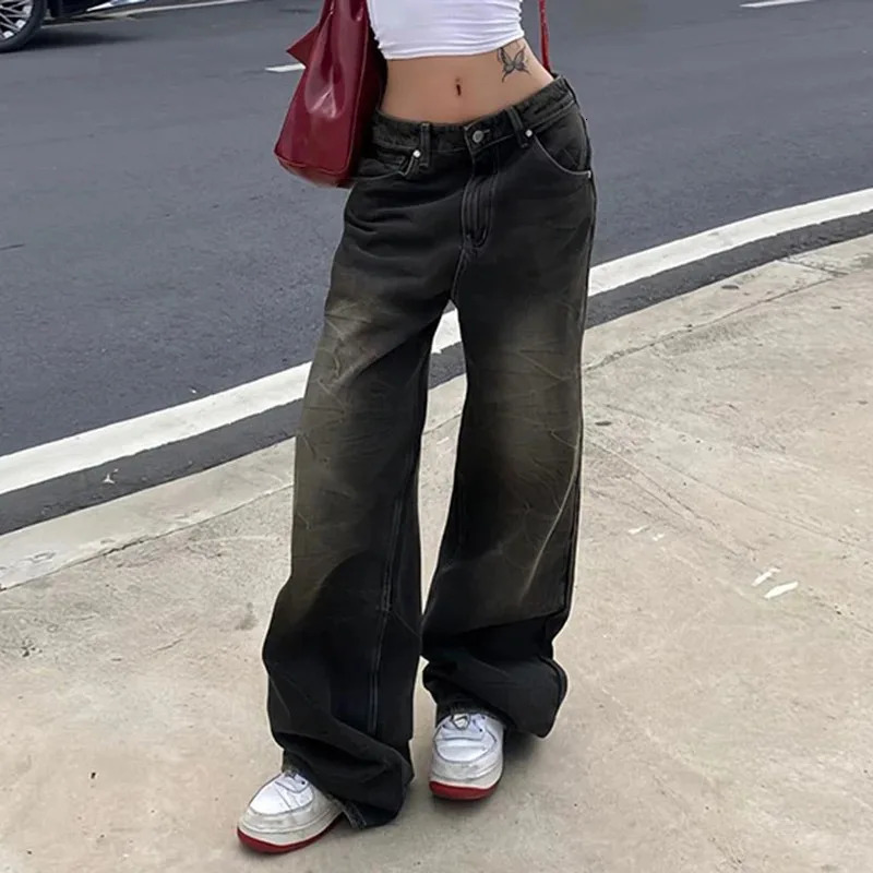 Womens low rise jeans Gothic Y2k style bagged punk wide leg denim pants Kpop casual loose streetwear 250407