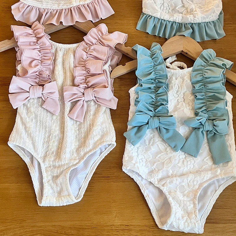 Girls short-sleeved one-piece swimsuit and swimming cap set with two-tone lace 250407