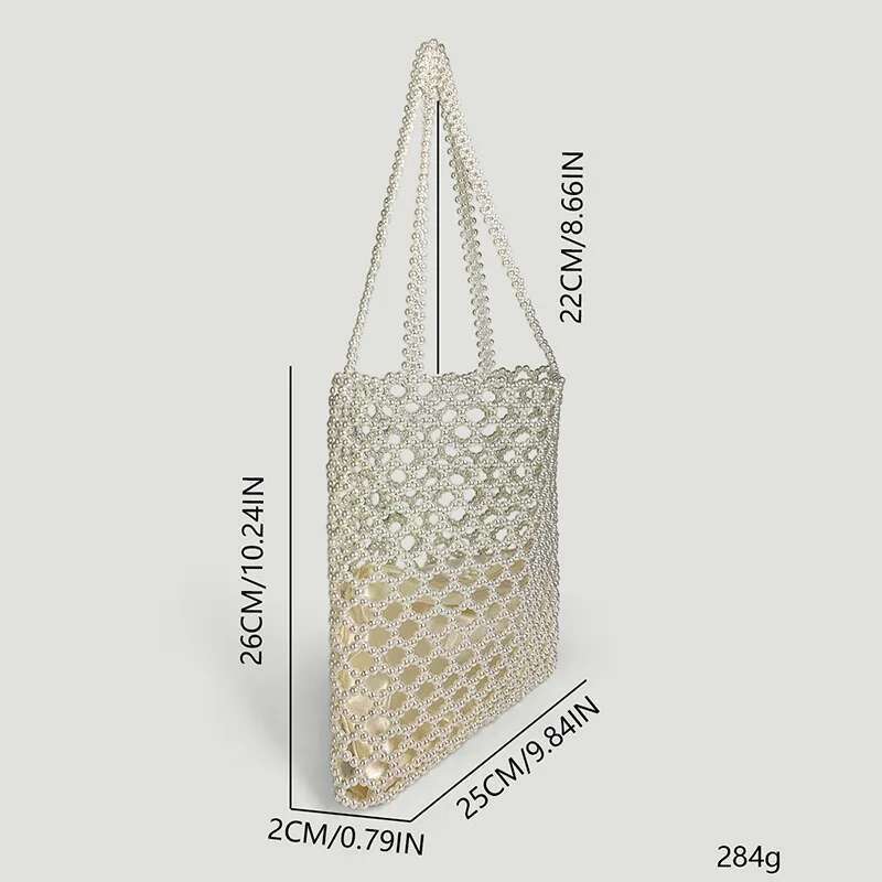 2025 New Summer Vacation Boho Beach Hollow Out Shoulder Bag For Women Handmade Beading Handbag White Metal Top Handle Tote