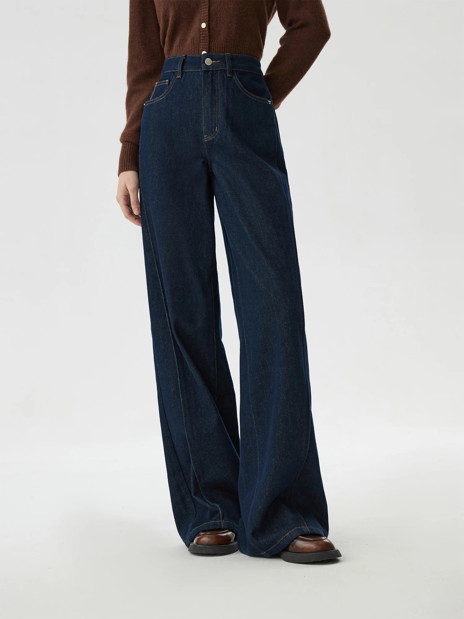 FSLE Womens Winter Jeans High Waist Thick Cotton Wide Legs Trouser Dark Denim Loose Blue Full Length 24FS14299 250407