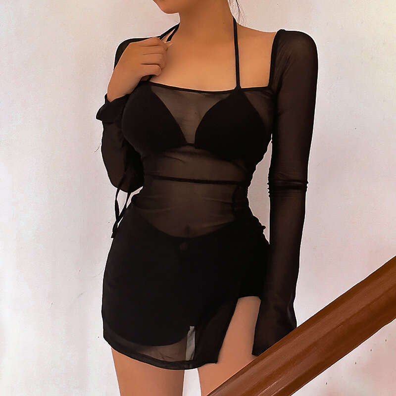 Q23DS068 European and American spring/summer item, net color mesh long sleeved slit short dress wholesale, women's temperament versatile new tren