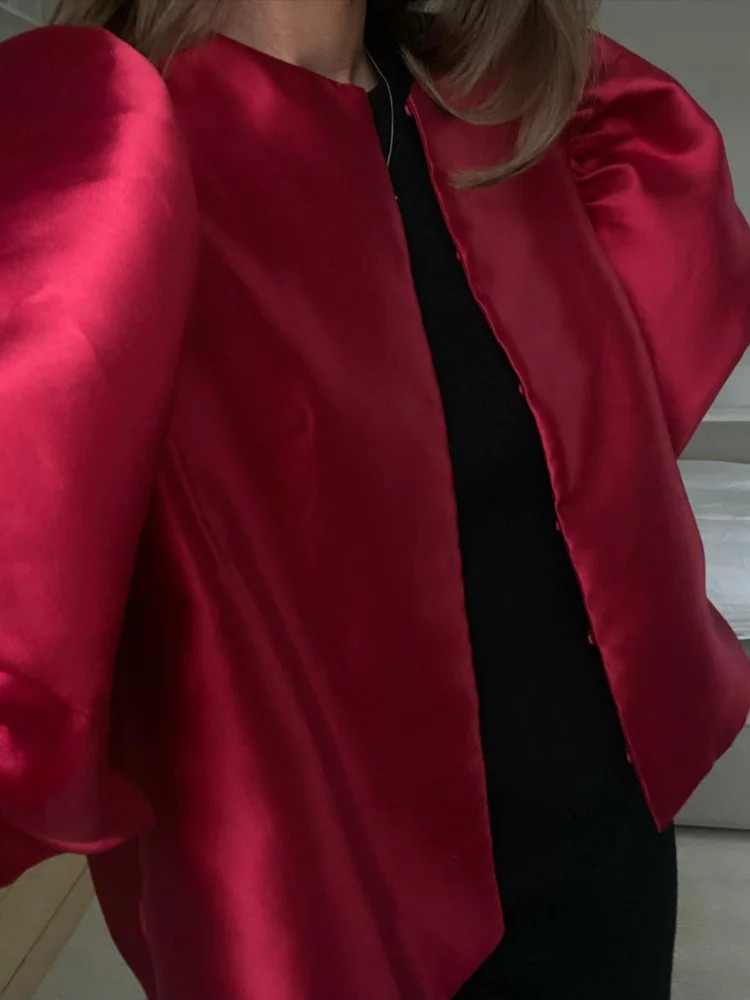 Womens Elegant Solid O-neck Satin Short Shirt Fashion Hidden Button Puff Half Sleeve Loose Top Womens Fashion Clothing 250402