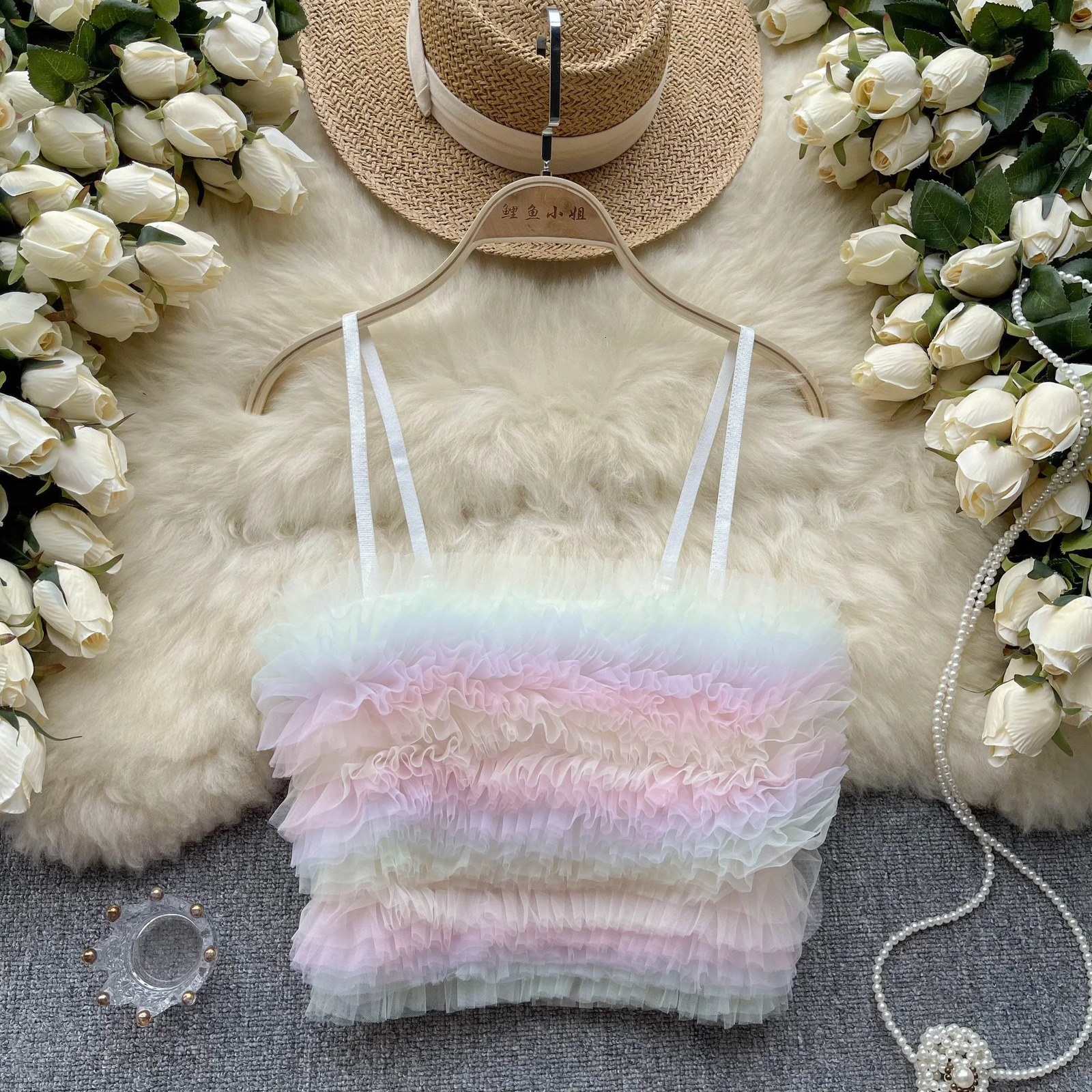 Chic Mesh Floral Off Shoulder Straps Camis Korean Fashion Slim Tank Top Sexy Vacation sweet Crop Top Women Summer Clothing 250407