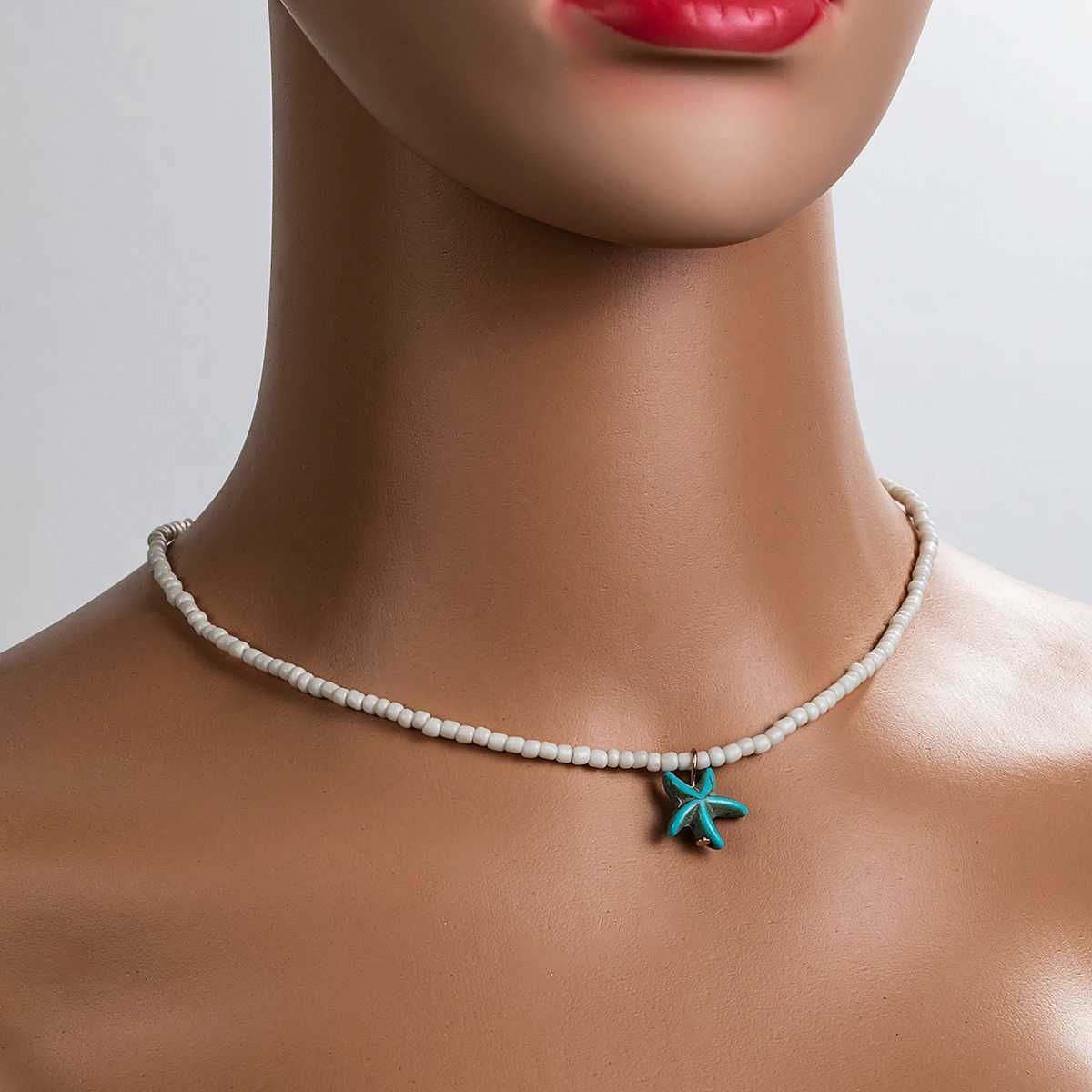 Bohemian beach style turquoise starfish pendant bead on neck womens necklaceC250407