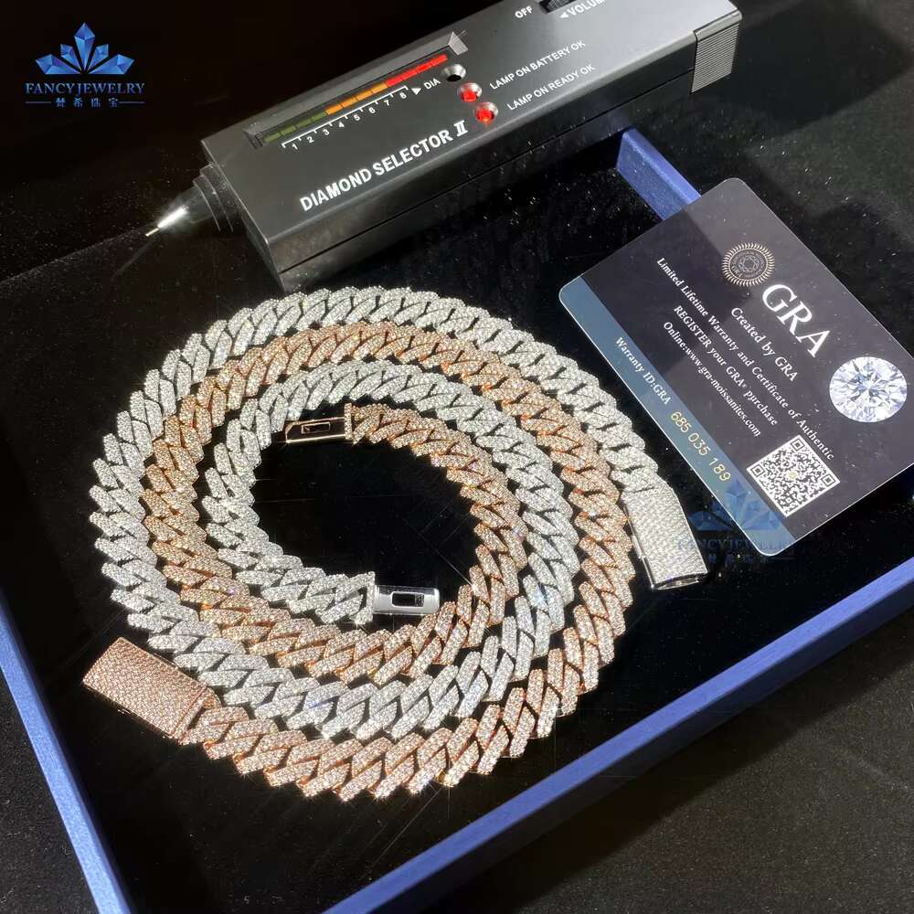 Hot Selling VVS Moissanite Necklace 8mm 10mm 12mm 2 Rows 925 Solid Silver Cuban Link Vintage Style Iced Hip Hop Jewelry