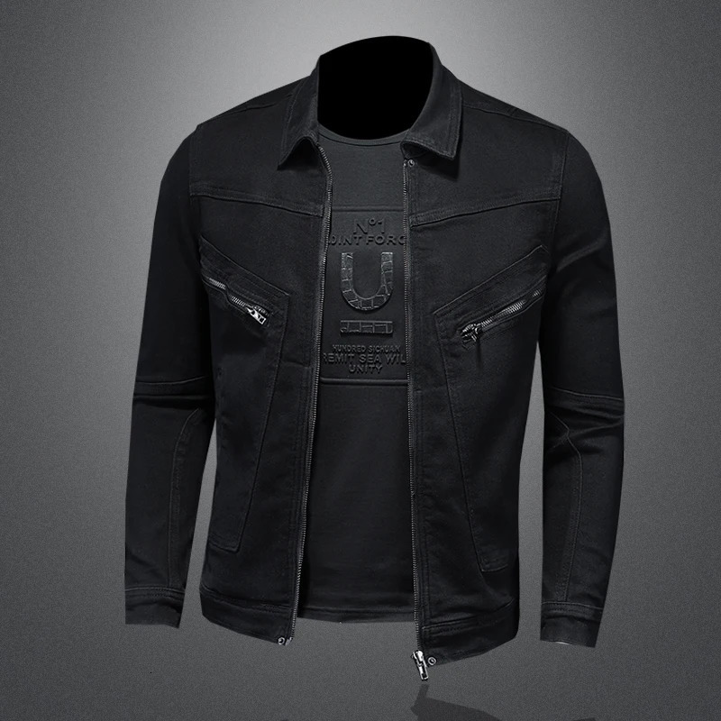 High quality fashionable handsome trend classic denim jacket black gold zipper bike multi mens winter snow 250408