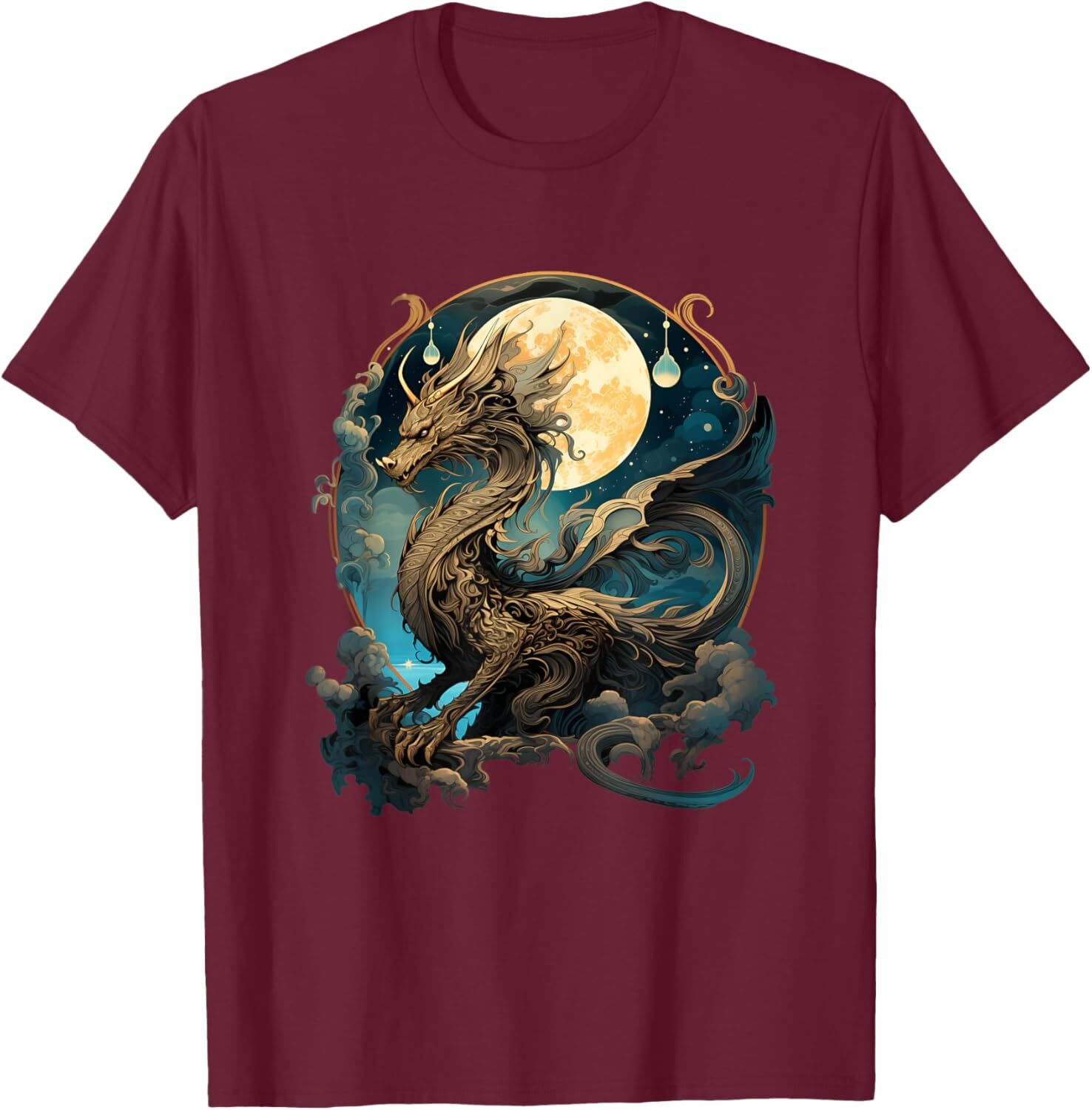 T shirt for Mens Beautiful Lunar Gold Dragon Floral Art Noveau Graphic Tee Casual Tops Clothes Short sleeve cool