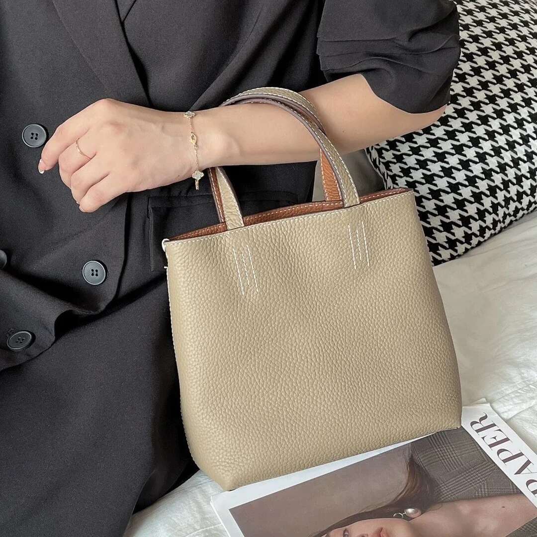 Double Sided Leather Tote Small Shopping Single Shoulder Crossbody Bag Handbag Women's Soft Top Layer Cowhide