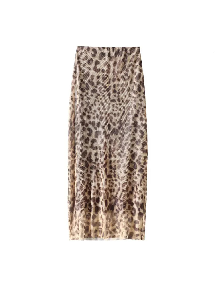 TRAF Summer Women Tulle Leopard Print Midi Skirt Suits Sleeveless Strapless Backless Slim Crop Top Sets Club Y2K 250408