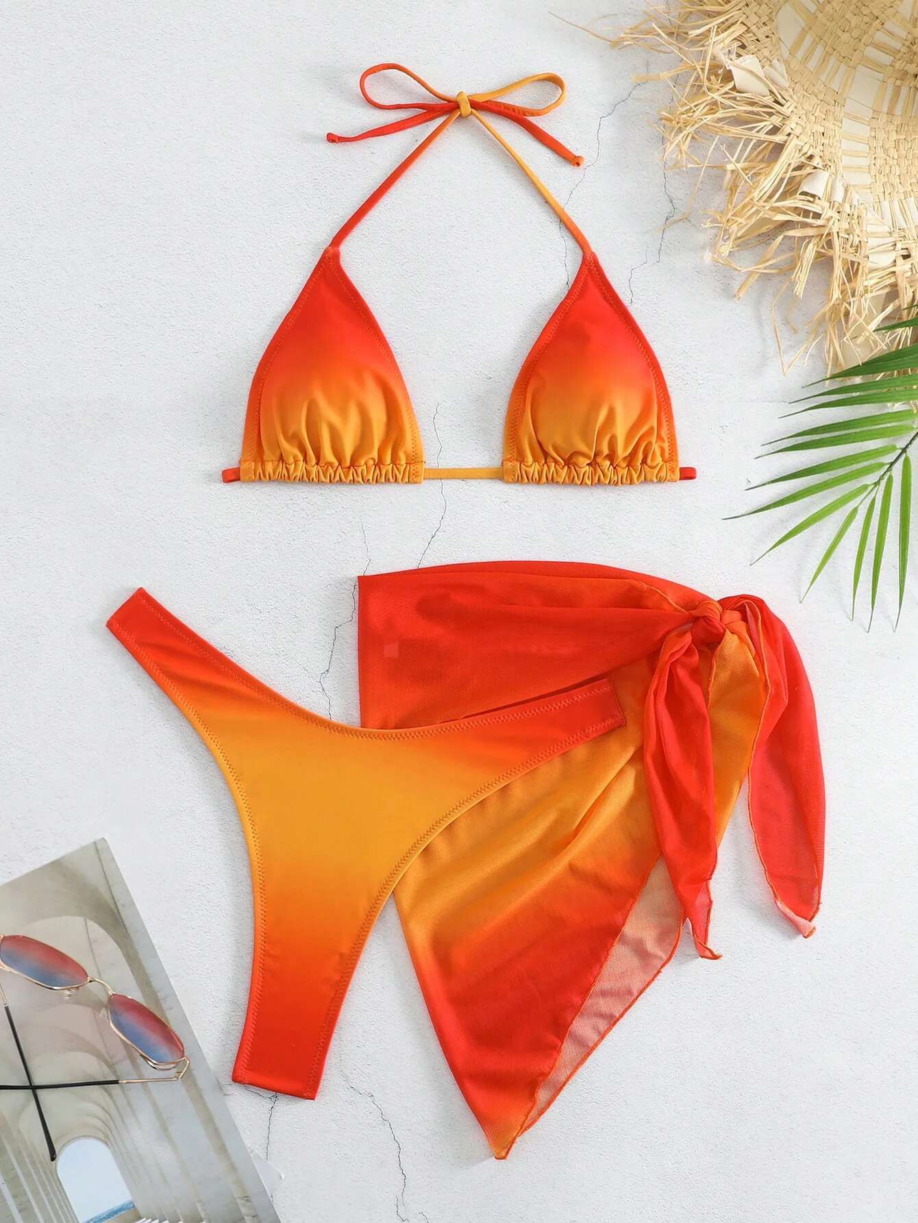 Dongdumaoyi Sexy Brown Gradient Bikini Swimwear Women Halter Push Up Bra Mesh Skirt Piece Swimsuit Bathing Suit Cover Bikinis Sets