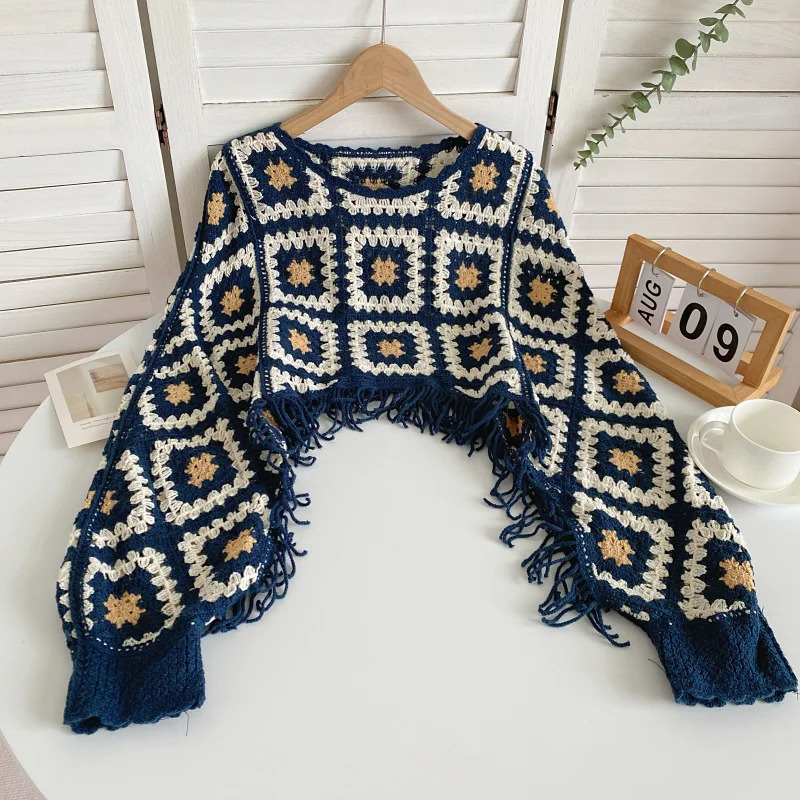 Granny Square Top Fringed Crochet Knitted Top Batwing Sleeve Pullover Sweater Women Teenage Girl Vintage Boho Festival Outfit 250408