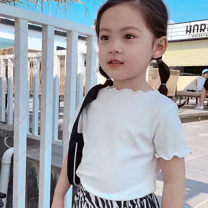 Ddmyshoesvip Ice Silk Short Sleeved T Shirt New Korean Version Versatile Summer Clothes For Girls Babies Striped Stylish With Black Fungus Edges