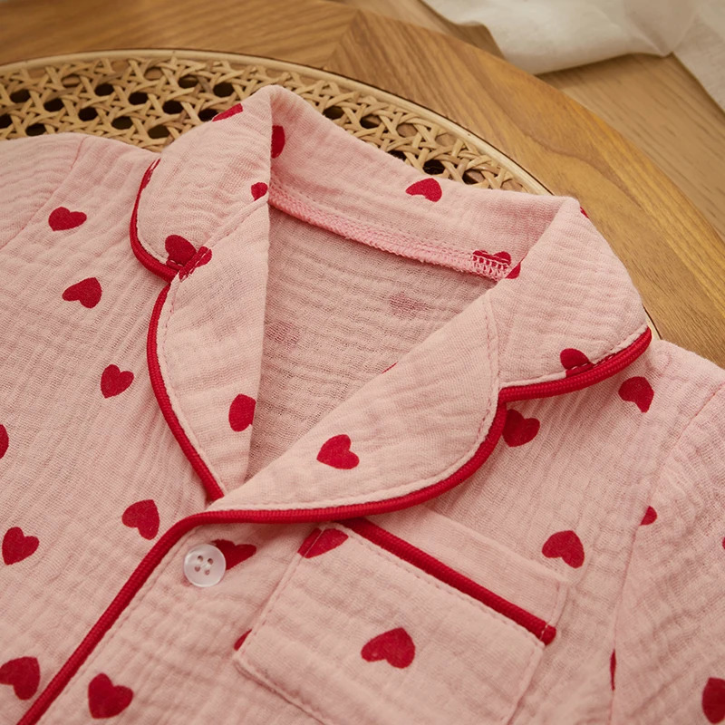 Summer Baby Girl Boy Pajama Set Cotton Linen Button Down Clothes Short Sleeve Heart Print Tops Shorts Kids Loungewear Sleepwear 250407