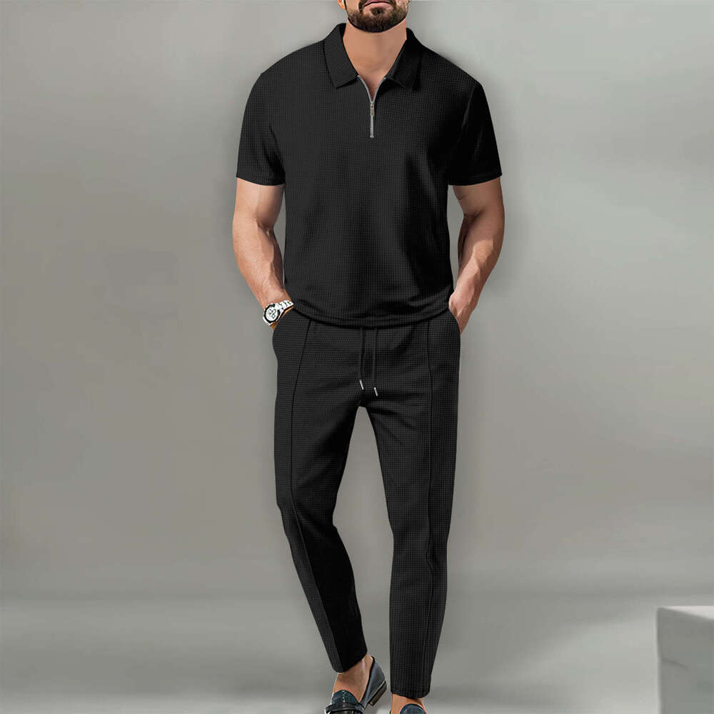 Autumn European and American Men's Solid Color Waffle Collar Short Sleeve Zipper Pants Set 2025 New Casual Fashion Trendy Clothing