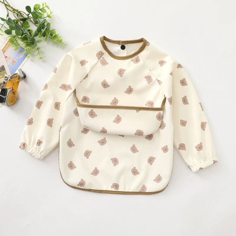 Children Feeding Aprons Long Sleeve Baby Bib With Pocket Full Cover Kid Gown With Bag Waterproof Long-Sleeve Smock 250408