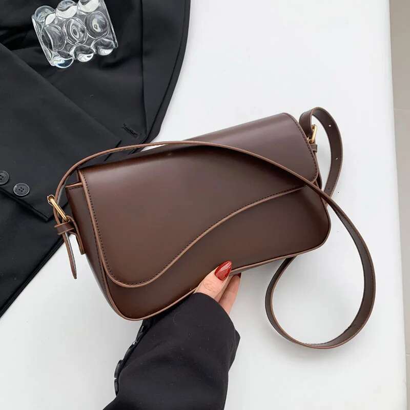 Women Vintage Solid Color Flap Small Saddle Underarm Fashion PU Leather Wide Strap Crossbody Bag Shoulder Bag Ll