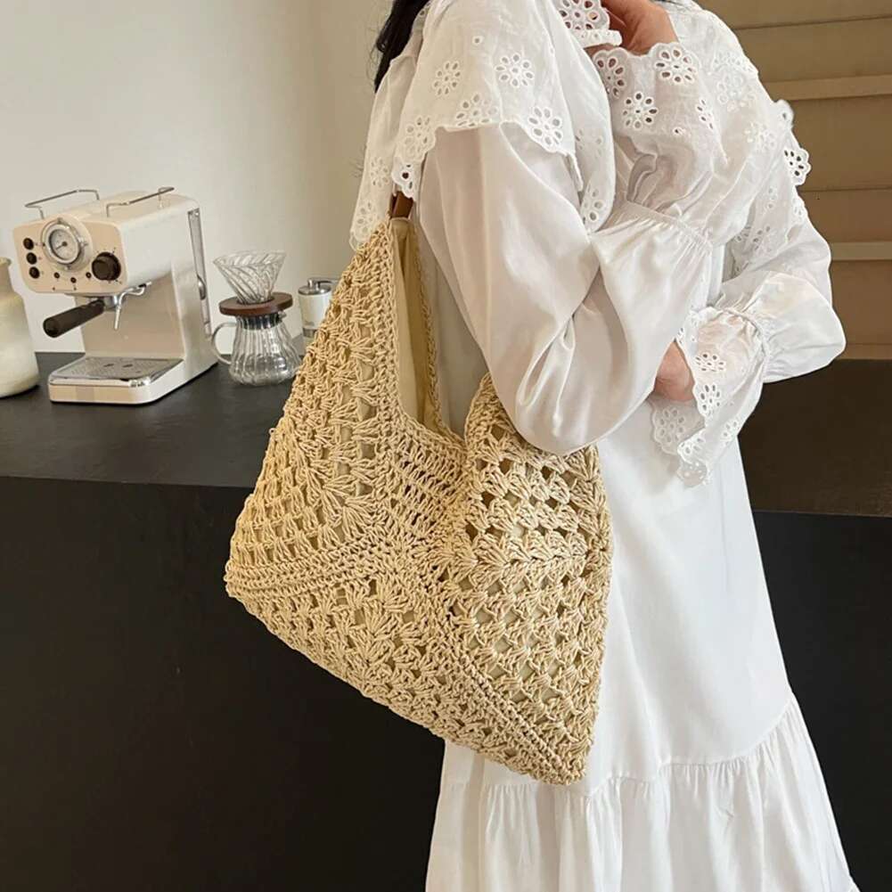 2024 Summer Straw Knitting Hollow Out Tote Solid Beach Bag Holiday Travel Handbag Boho Shoulder Purse For Women