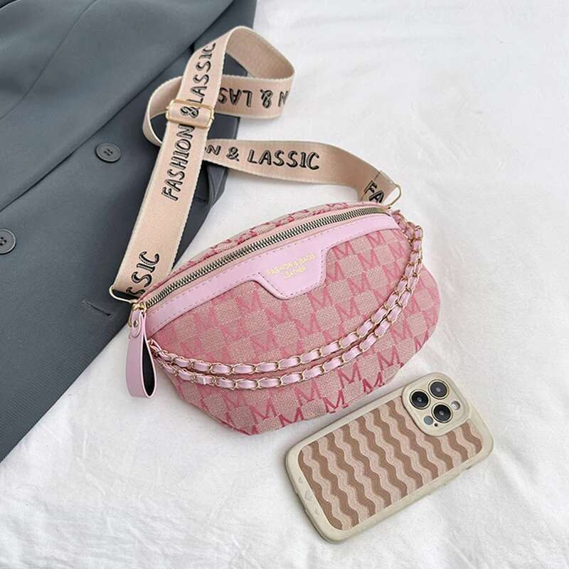 Fashion Pattern Fanny Packs For Women Stylish Letter Printed Chain Female Waist Pack Wide Strap Crossbody Bag Ll