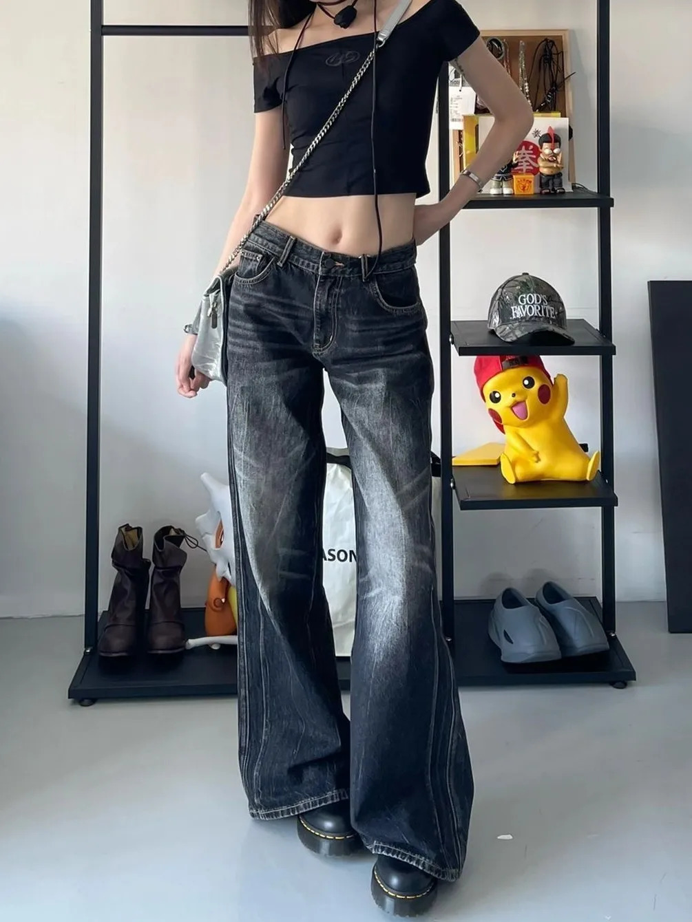 Home>Products>American Womens High Waist Wide Leg Jeans>Fashionable Loose Pocket Jeans>Y2K 2000s Trousers 250407